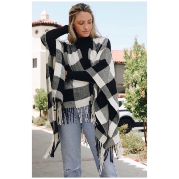 Ivory & Black Buffalo Plaid Poncho Sweater Wrap - Picture 6 of 9